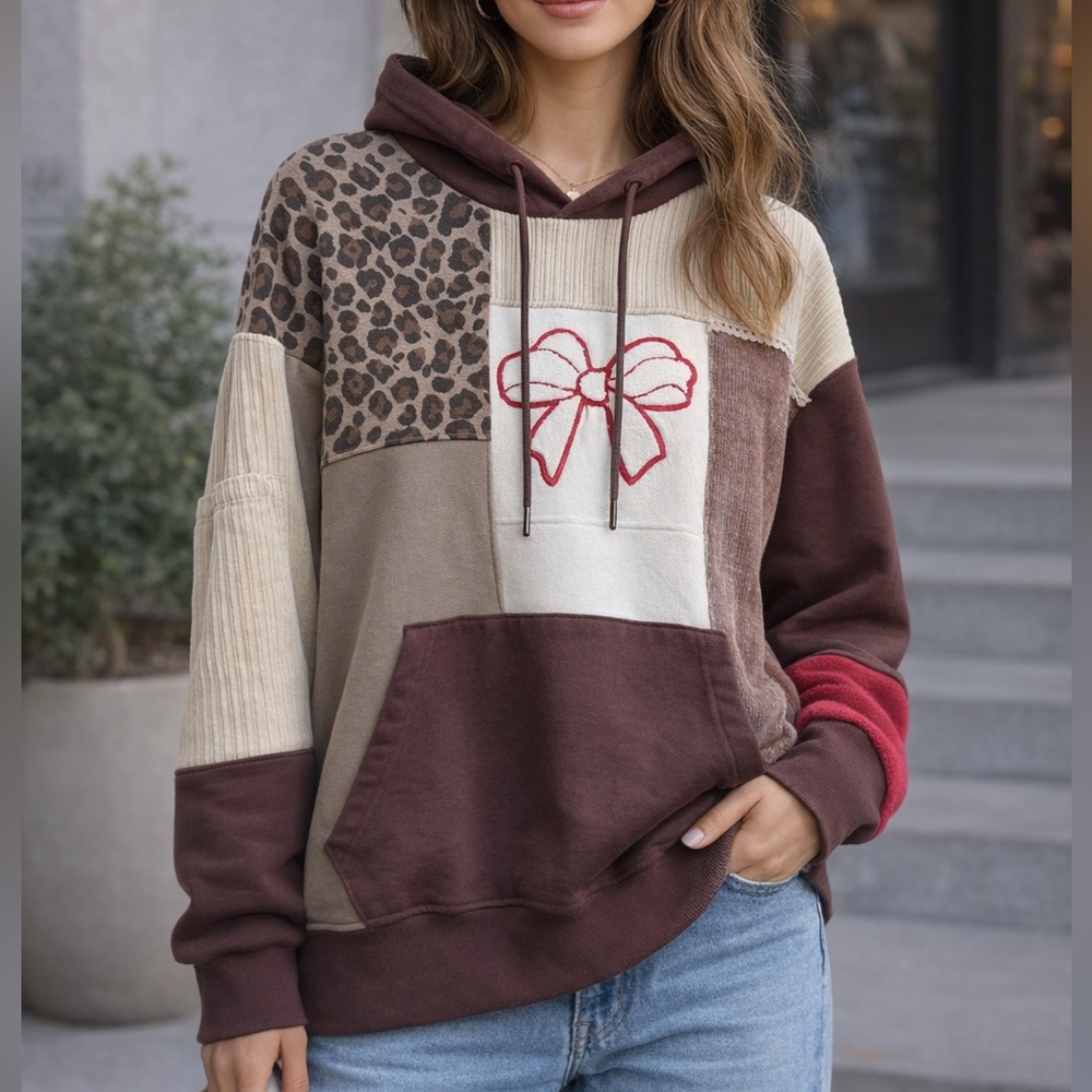 Patchwork Hoodie with Bow Design